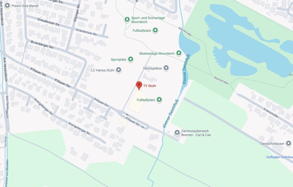 Google Maps Kartenausschnitt von Stuhr Moordeich mit Markierung des Standorts vom TV Stuhr an der Pillauer Straße.